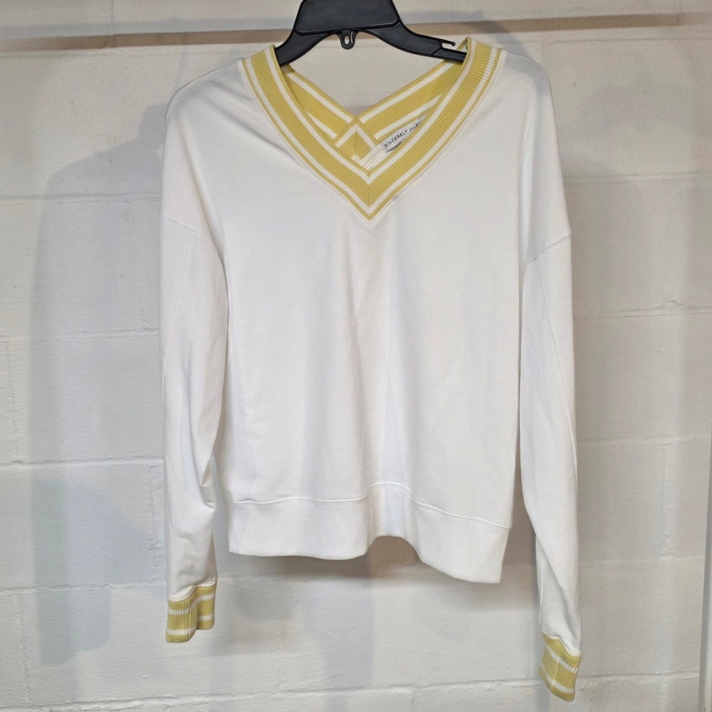 Sincerely Jules Womens V-Neck Pullover Sweatshirt White Yellow Striped Trim S